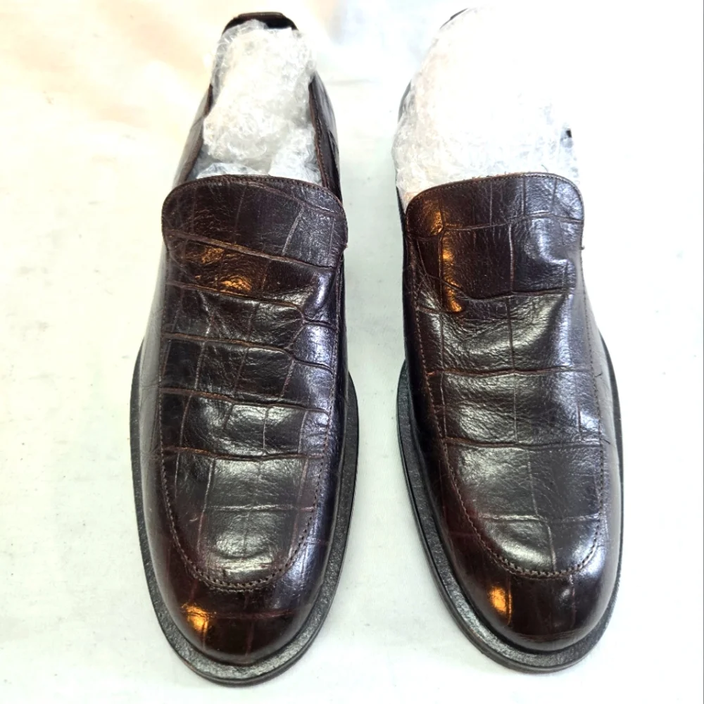 Emporio Armani Men's 38 Brown Croc   Embossed Leather Loafers Shoes